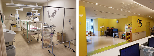 図６．左：術後1～2週間入室する集中治療室、右：その後1か月程度入院する一般病棟